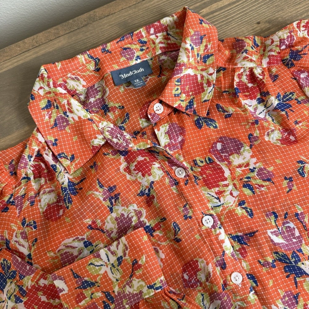 ModCloth Womens 1x Floral Sheer Chiffon Long‎ Sleeve Button Up Blouse